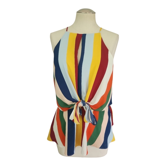 Willow + Root Rainbow Stripe Tie Front Halter Top Size Large 100% Poly - Picture 1 of 8